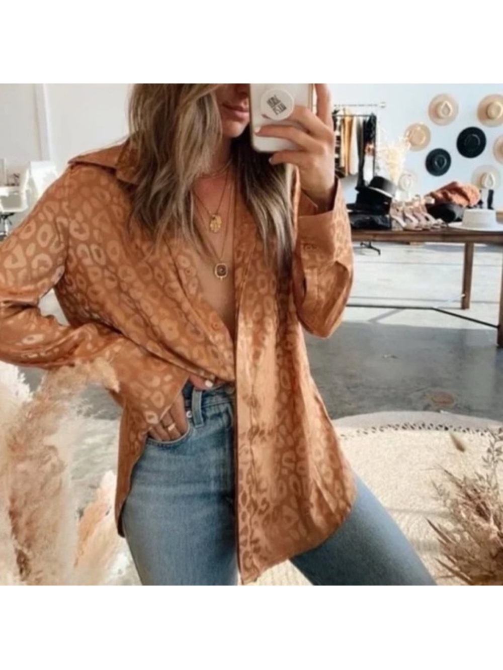 12th Tribe Gold Satin Leopard Print Button Down Shirt Long Sleeve Size Small